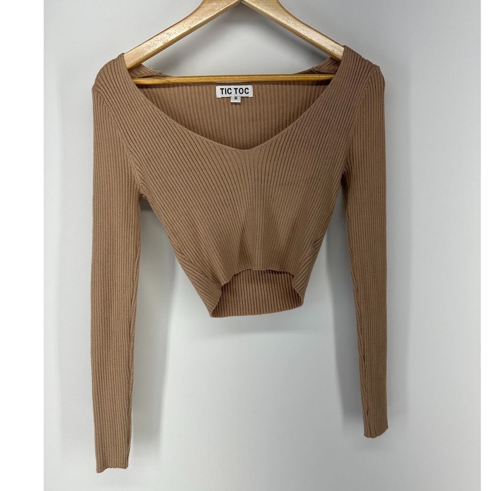 TIC TOC Crop Top Womens S Tan Ribbed V-Neck Long Sleeve Knit TC27172 Minimalist